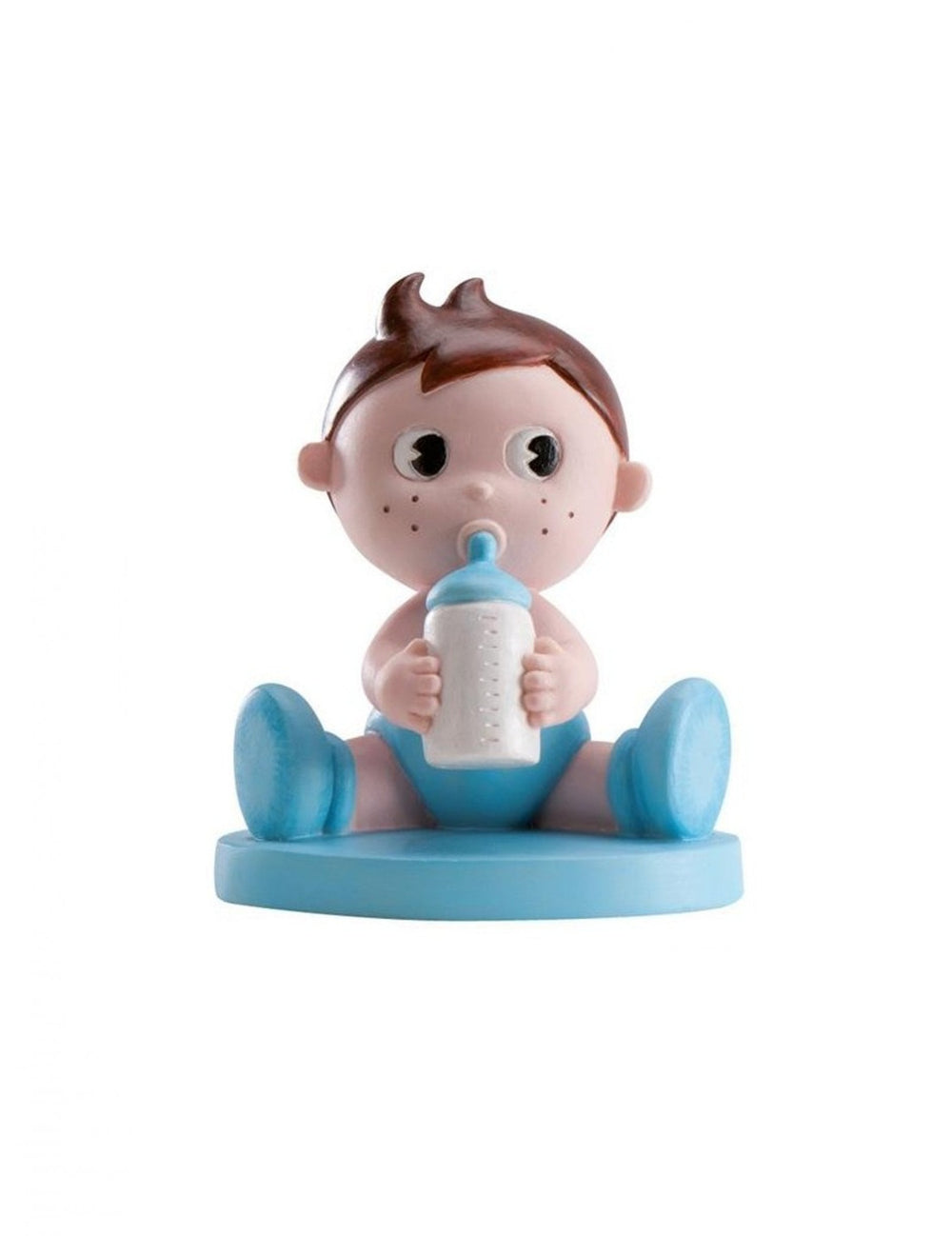 Figurine en résine garçon avec biberon pour baby shower bleu