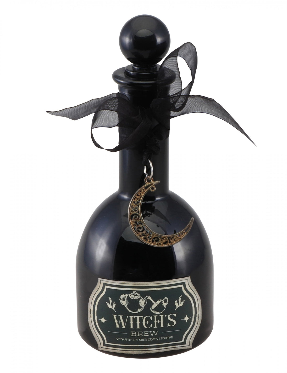 Fiole magie noire de sorcière pour Halloween noire avec pendentif croissant de lune et ruban
