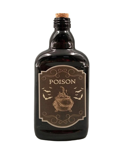 Flacon de poison pour Halloween noir avec étiquette chaudron et bouchon en liège