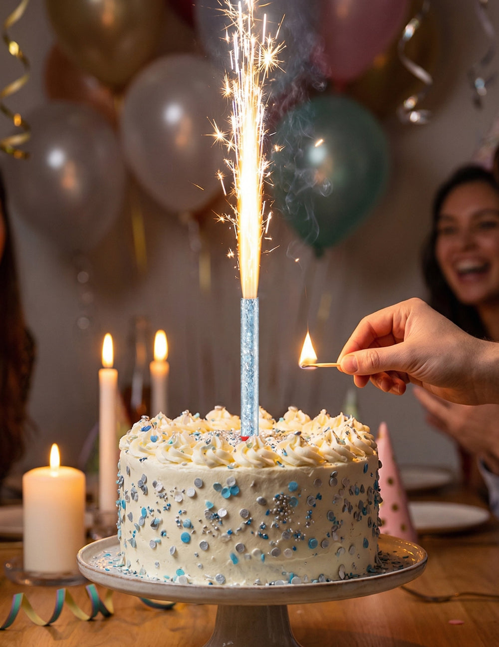 Mise en situation sur un gâteau de la grande fontaine scintillante dorée pour fête