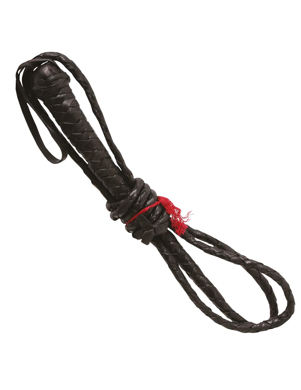 Détail du tressage du fouet pour adulte noir tressé avec bout rouge