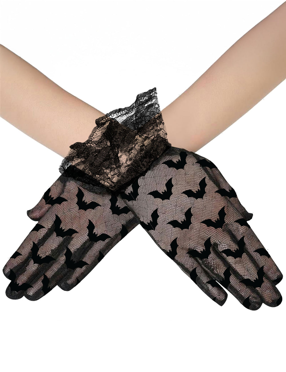 Gants courts chauve-souris pour adulte noirs en dentelle