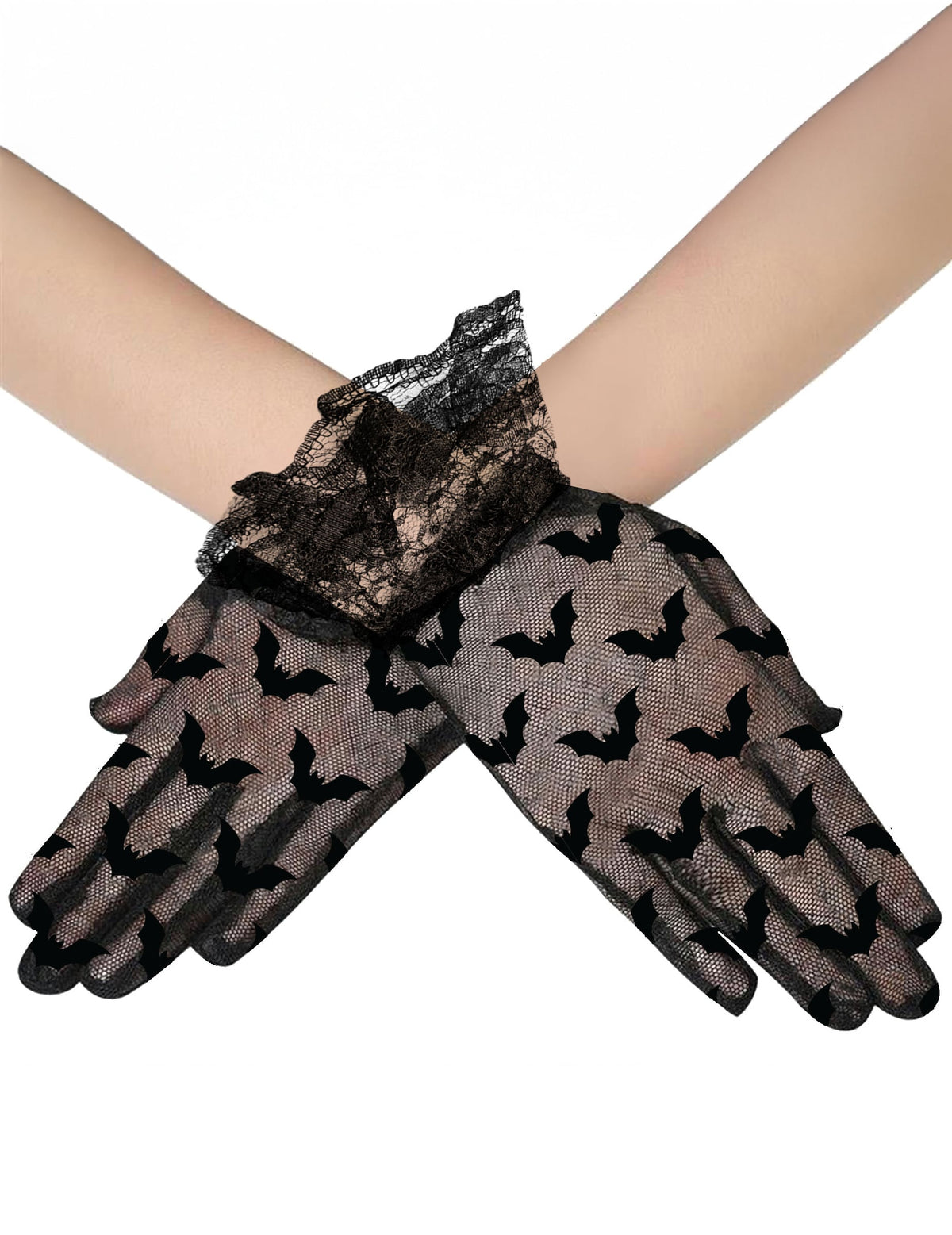 Gants courts chauve-souris pour adulte noirs en dentelle