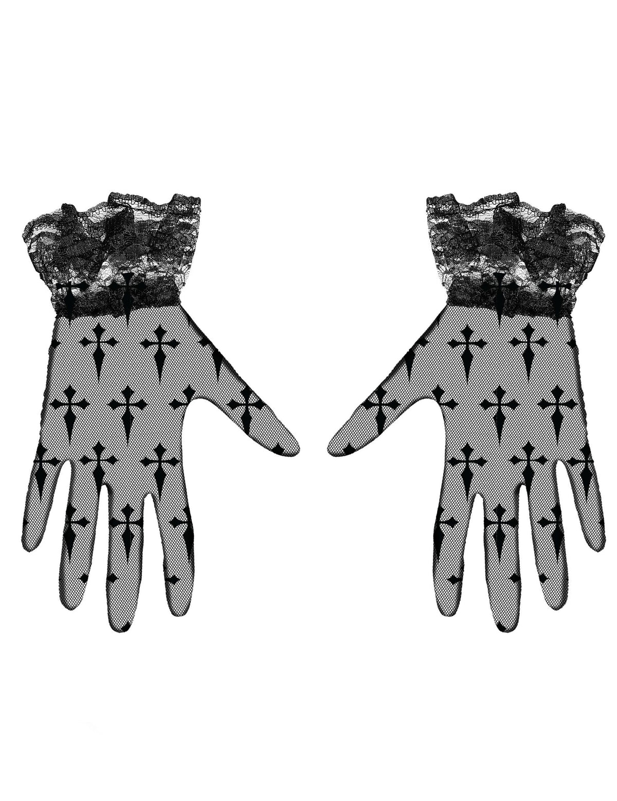 Vue à plat des gants courts à croix noires pour adulte