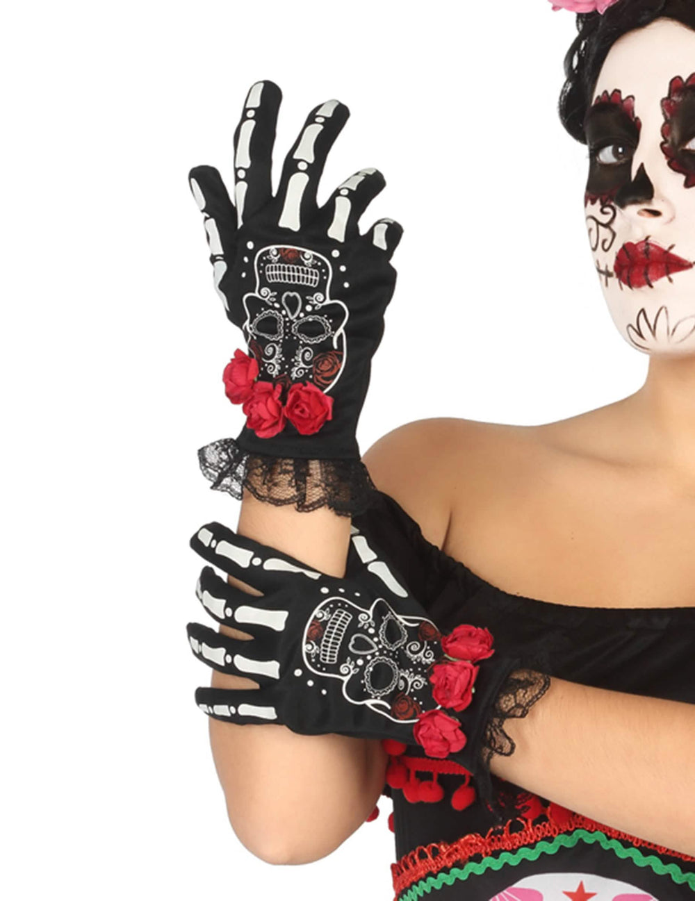 krátké rukavice mexické kostry Dia de los muertos pro žena černé s červenými růžemi a krajkou