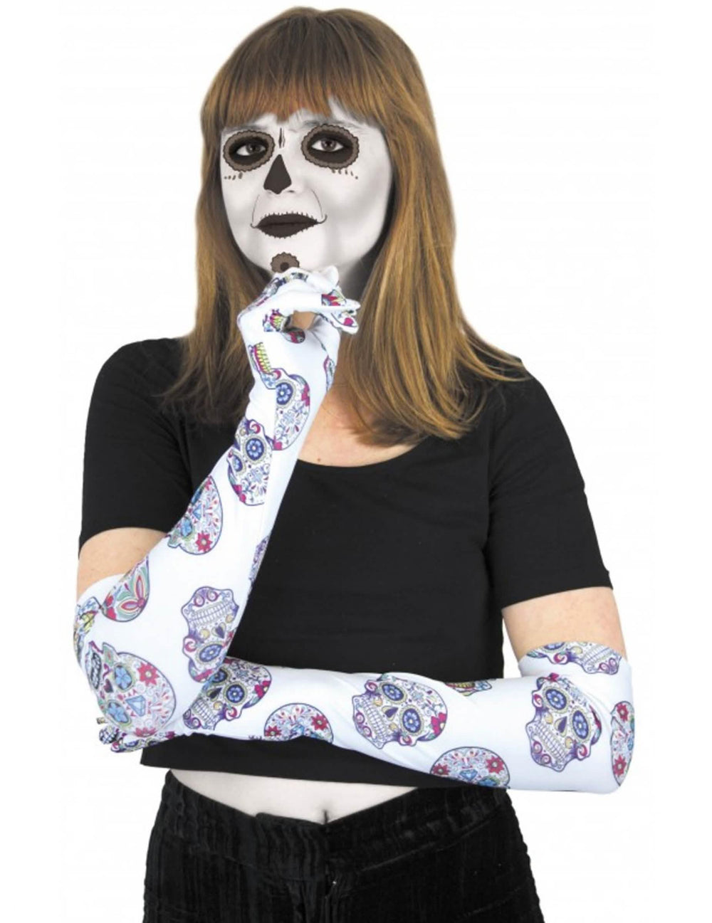 Dlouhé rukavice Dia de los muertos pro ženu bílé s barevná kostrou