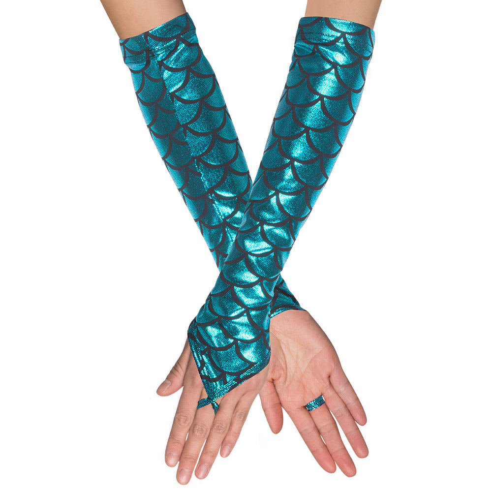 Gants longs de sirène pour adulte bleus à motifs d'écailles