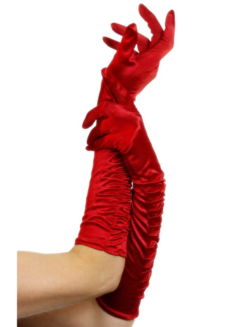 Dámské červené saténové rukavice střední délky se záhyby