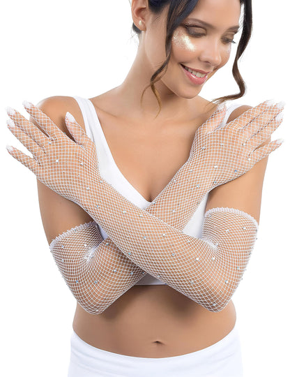 Gants résille longs pour adulte blancs à strass