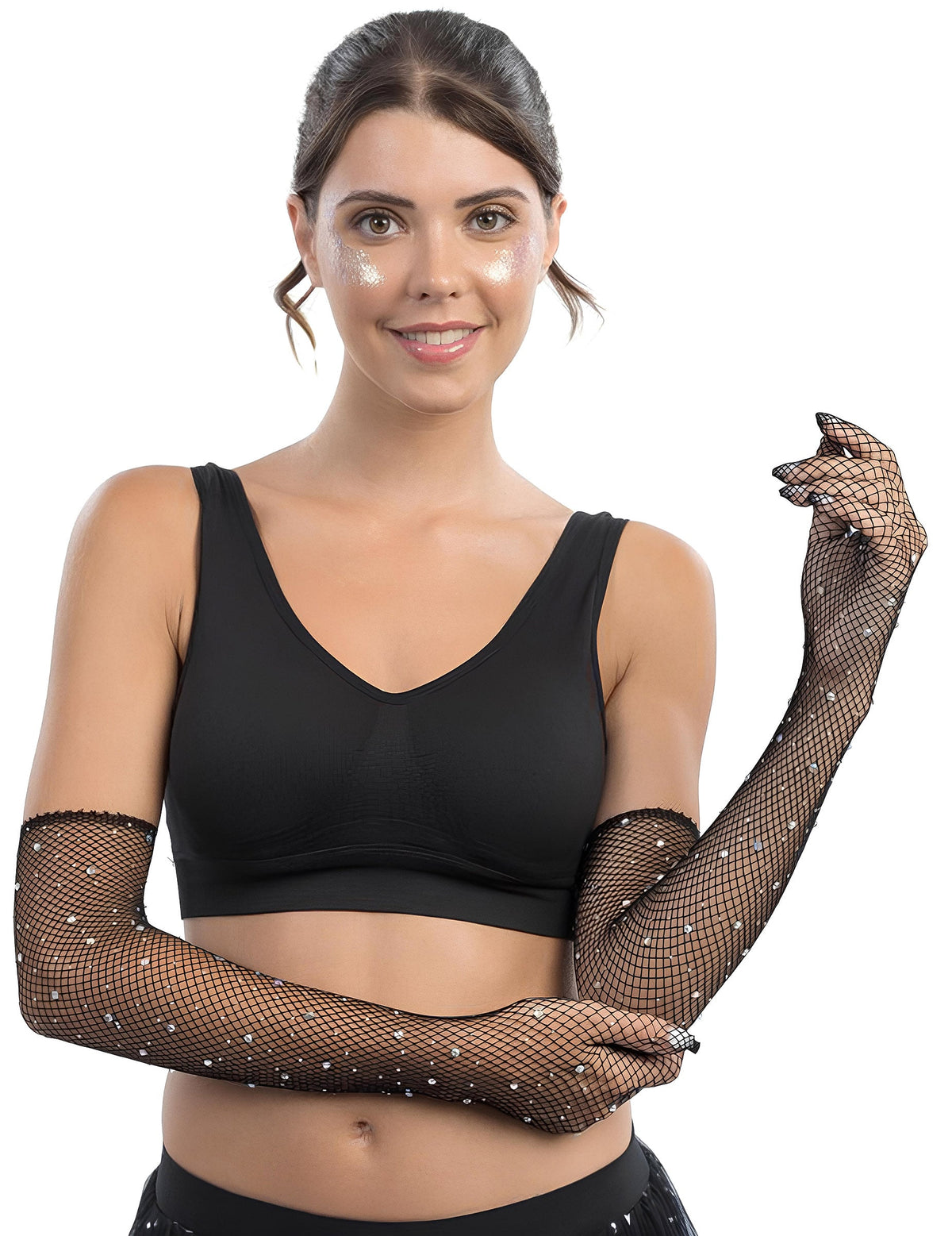 Vue portée des gants résille longs à strass pour adulte