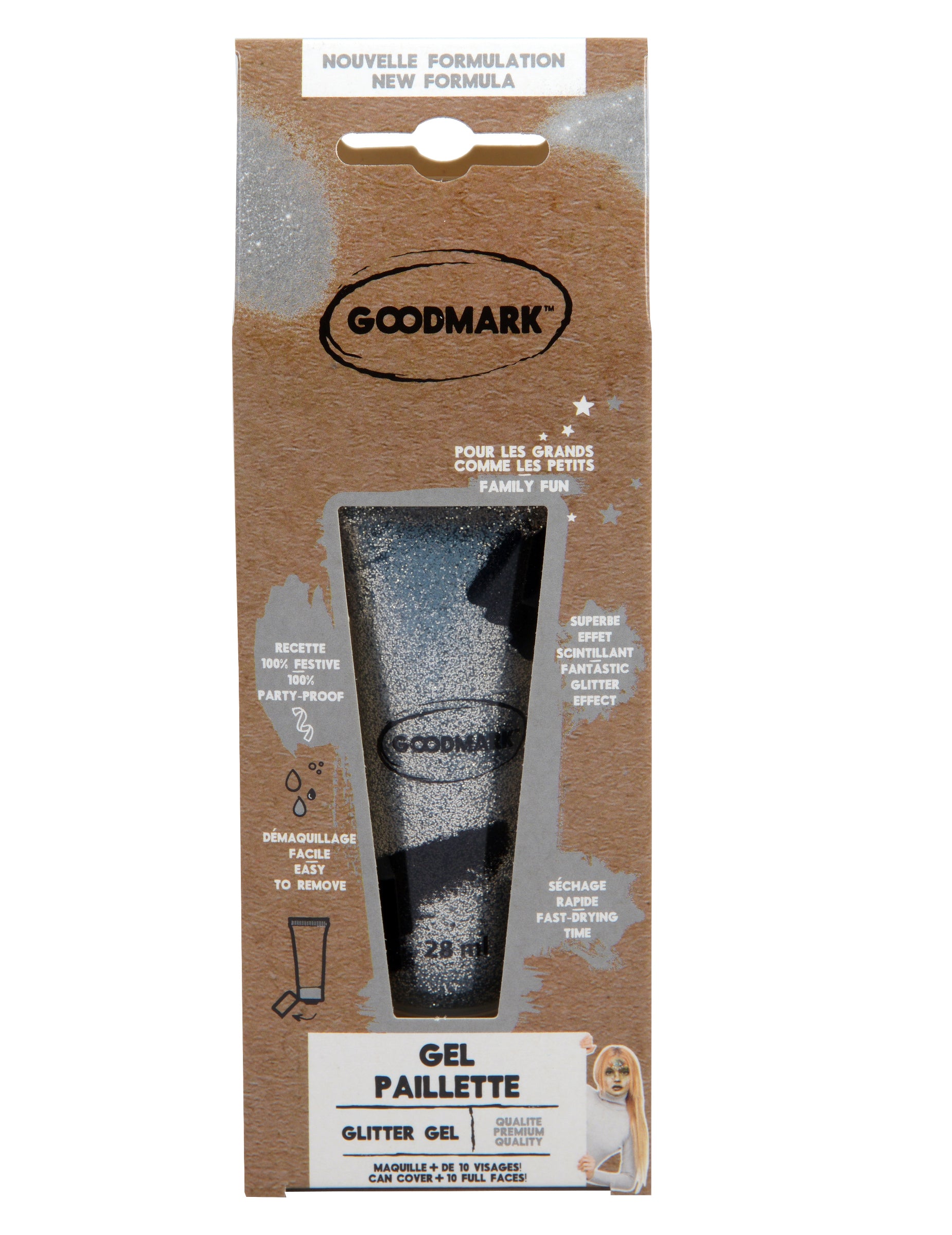 Vue de face de l'emballage du gel pailleté pour adulte et enfant