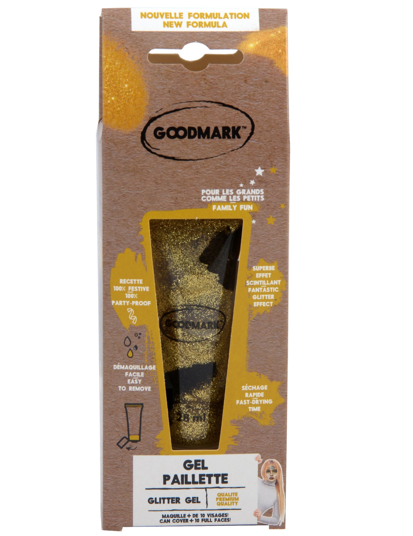 Vue de face de l'emballage du gel pailleté pour adulte et enfant