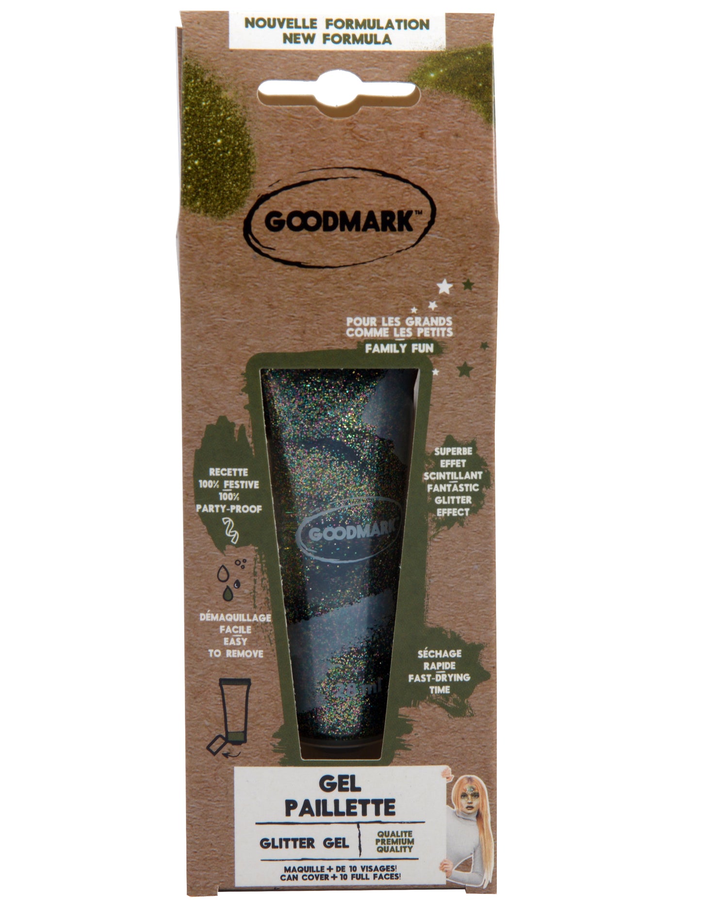 Vue de face de l'emballage du gel pailleté pour adulte et enfant