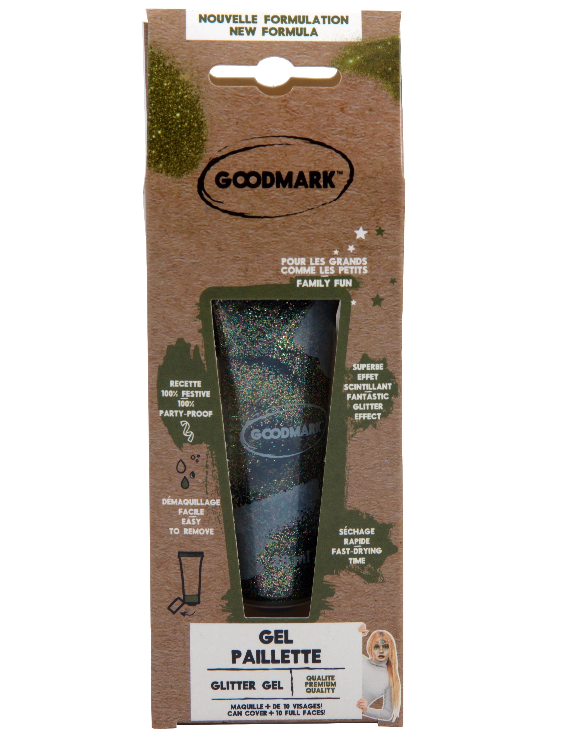 Vue de face de l'emballage du gel pailleté pour adulte et enfant