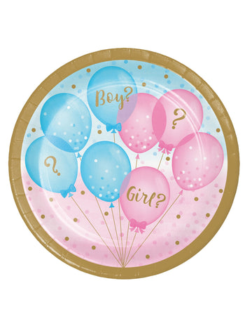 8 malých růžových a modrých odhalujících papírových talířů podle pohlaví 18 cm zlaté okraje