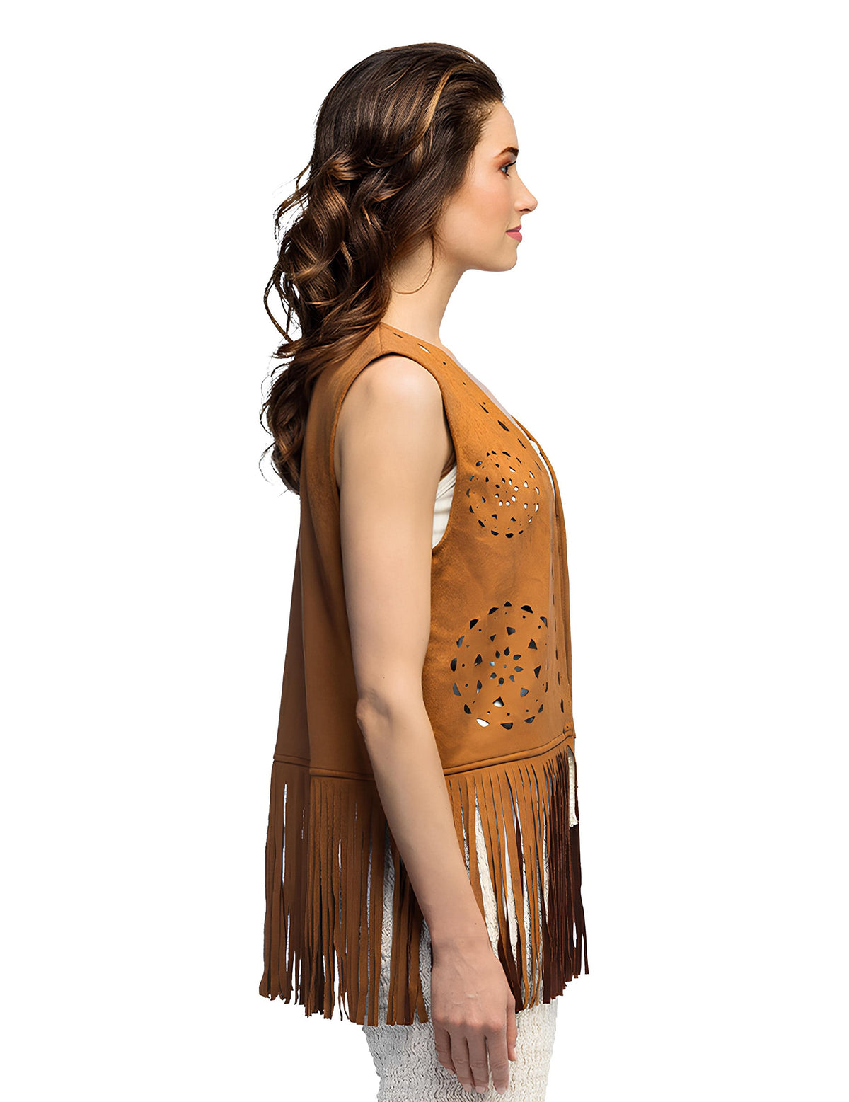 Vue de profil du gilet hippie à franges pour femme