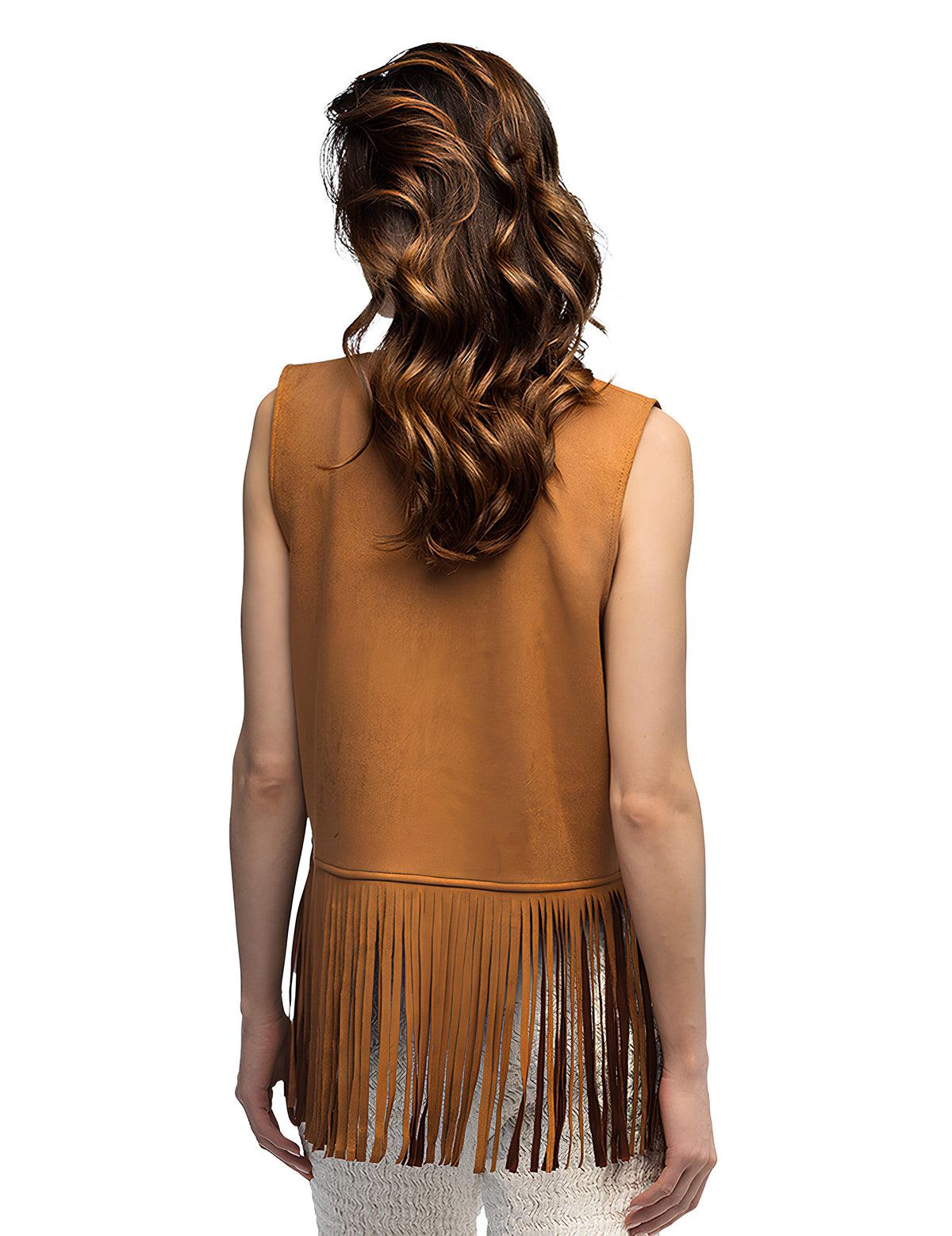 Vue de dos du gilet hippie à franges pour femme