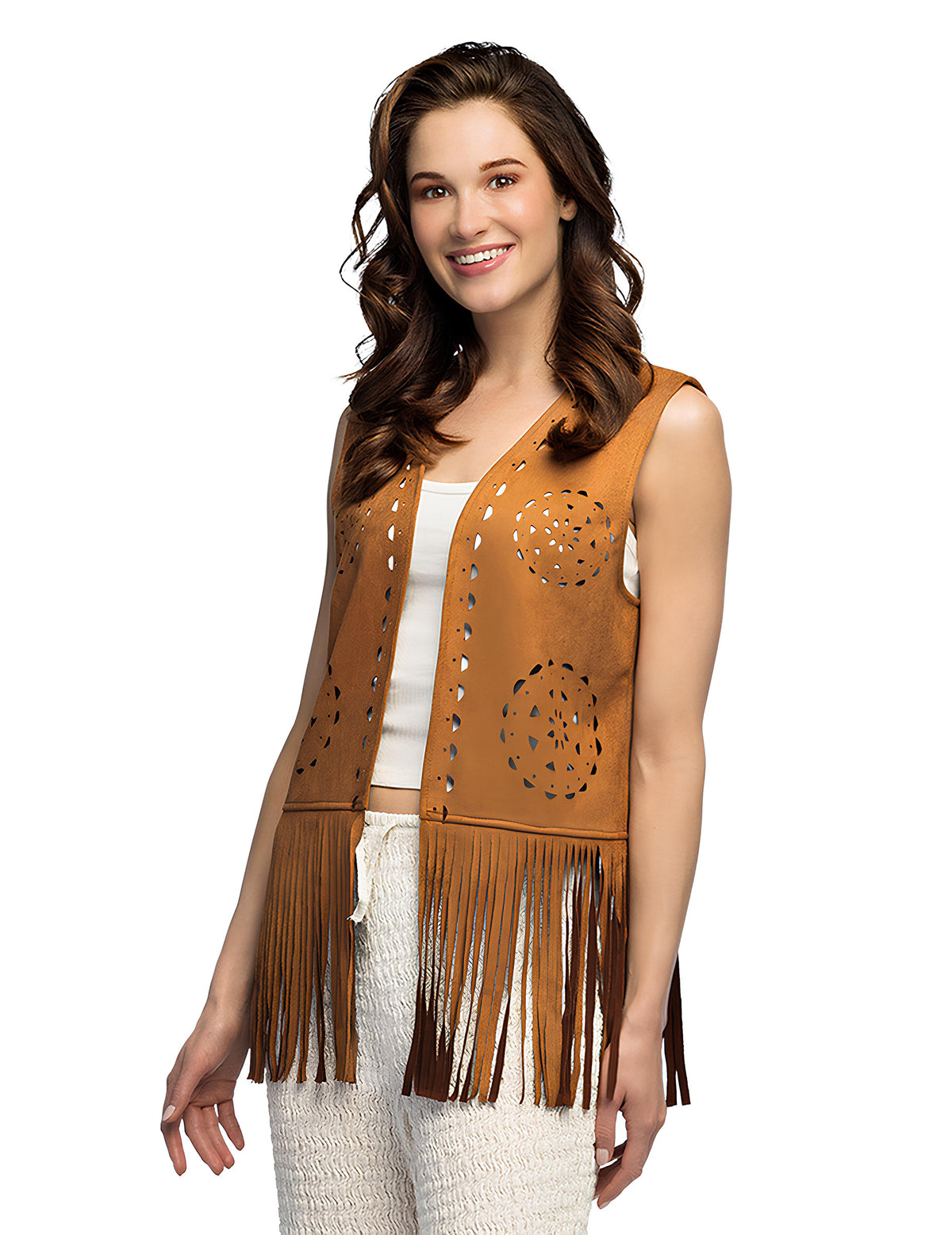 Gilet hippie à franges pour femme marron avec motifs ajourés