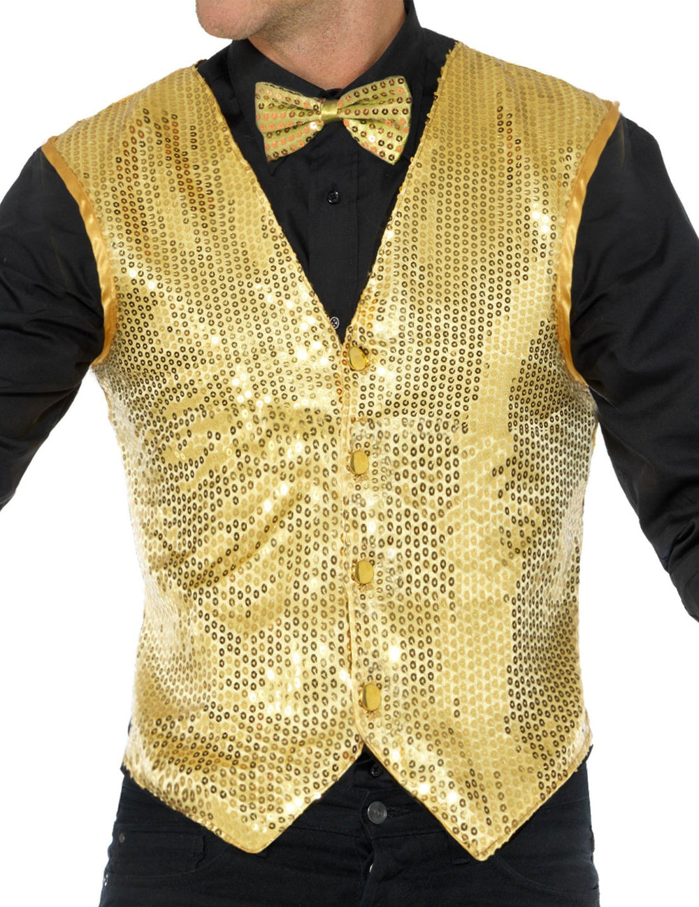 Détail du nœud papillon et des sequins du gilet or à sequins pour adulte