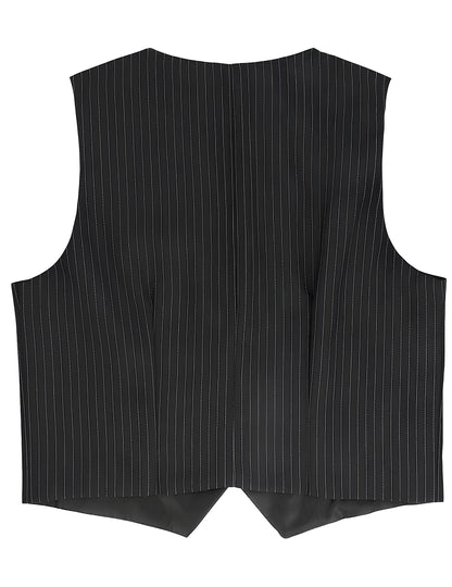 Vue de dos du gilet rayé pour homme noir à fines rayures blanches