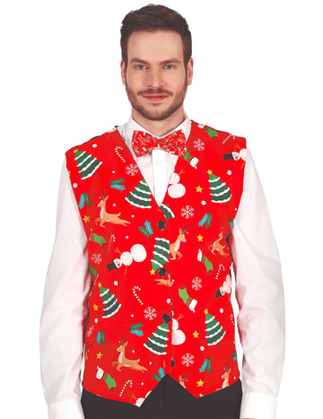 Červená vesta pro dospělé s vánočními vzory