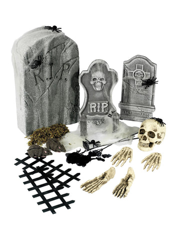 21dílná halloweenská dekorace s kostrou a náhrobkem