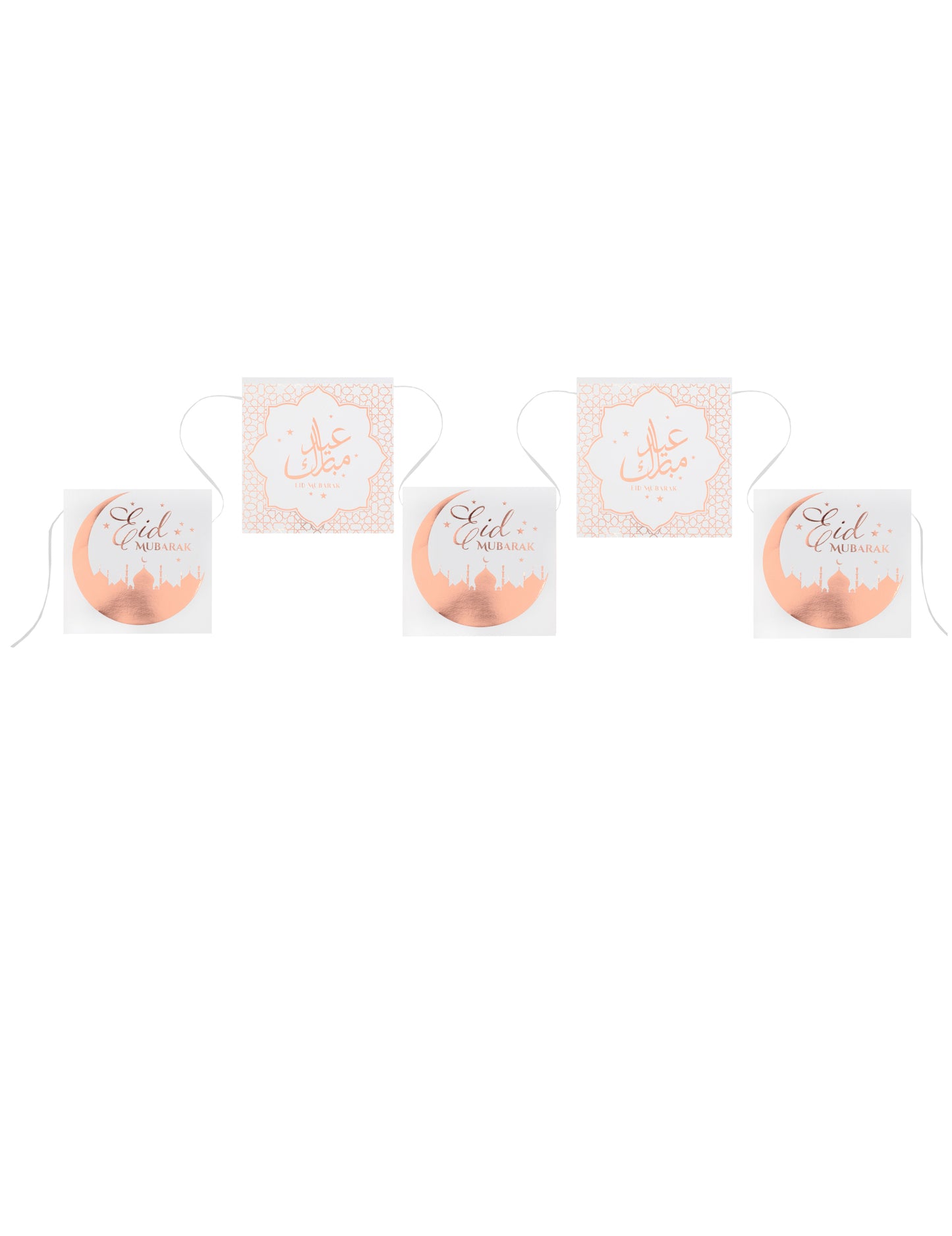 Věnec z 12 kartonových vlajek eid mubarak z růžového zlata 5 m na eid