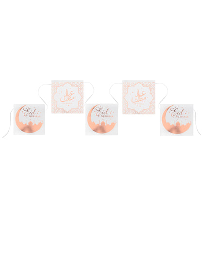 Věnec z 12 kartonových vlajek eid mubarak z růžového zlata 5 m na eid