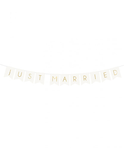 Guirlande à fanions Just Married pour mariage blanc et or en carton