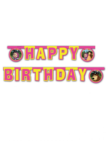 Guirlande articulée Happy Birthday Masha et Michka rose et jaune