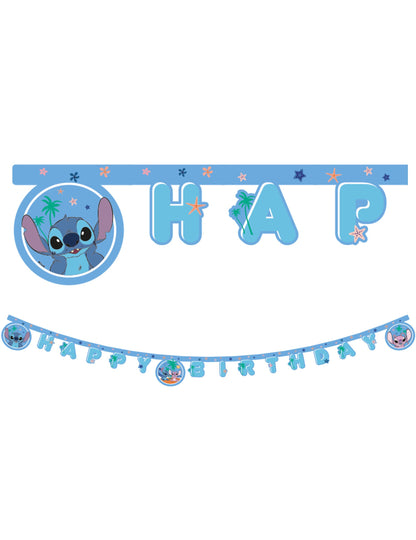 Guirlande articulée Happy Birthday Stitch pour anniversaire bleue avec motifs tropicaux
