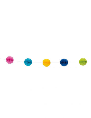 Guirlande boules alvéolées multicolores pour fête avec 11 pompons