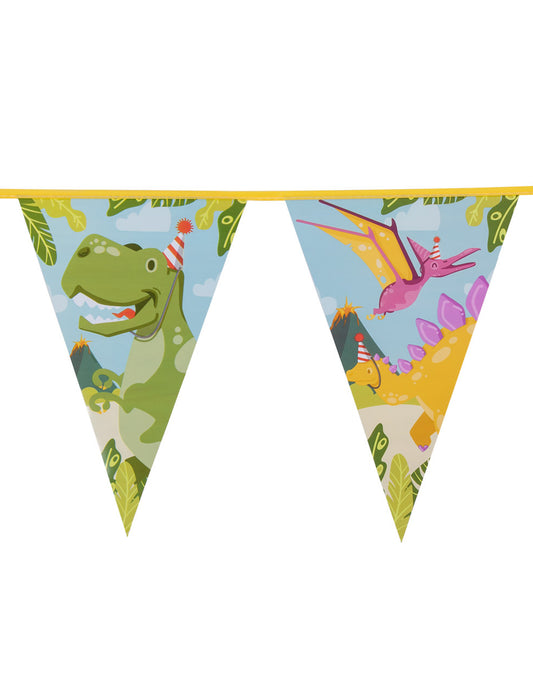 Guirlande de fanions Dino Party pour enfant multicolore avec dinosaures à chapeaux de fête