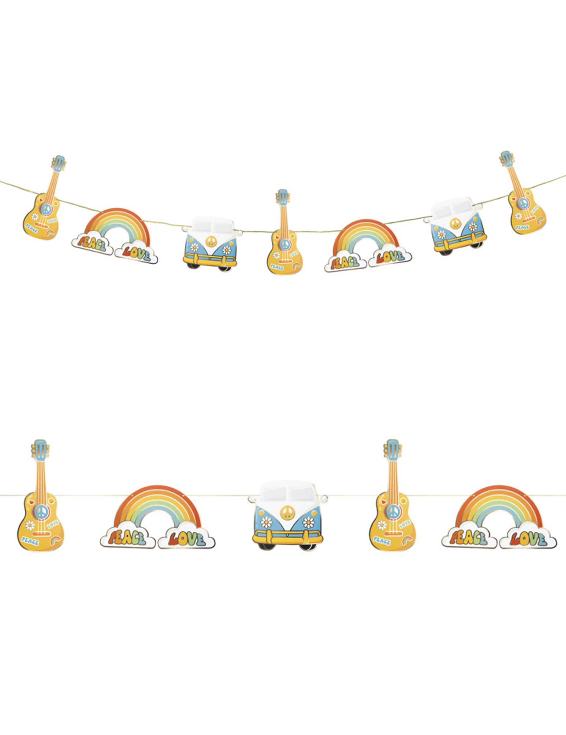 Guirlande en carton Hippie Party multicolore avec guitares arcs-en-ciel et vans