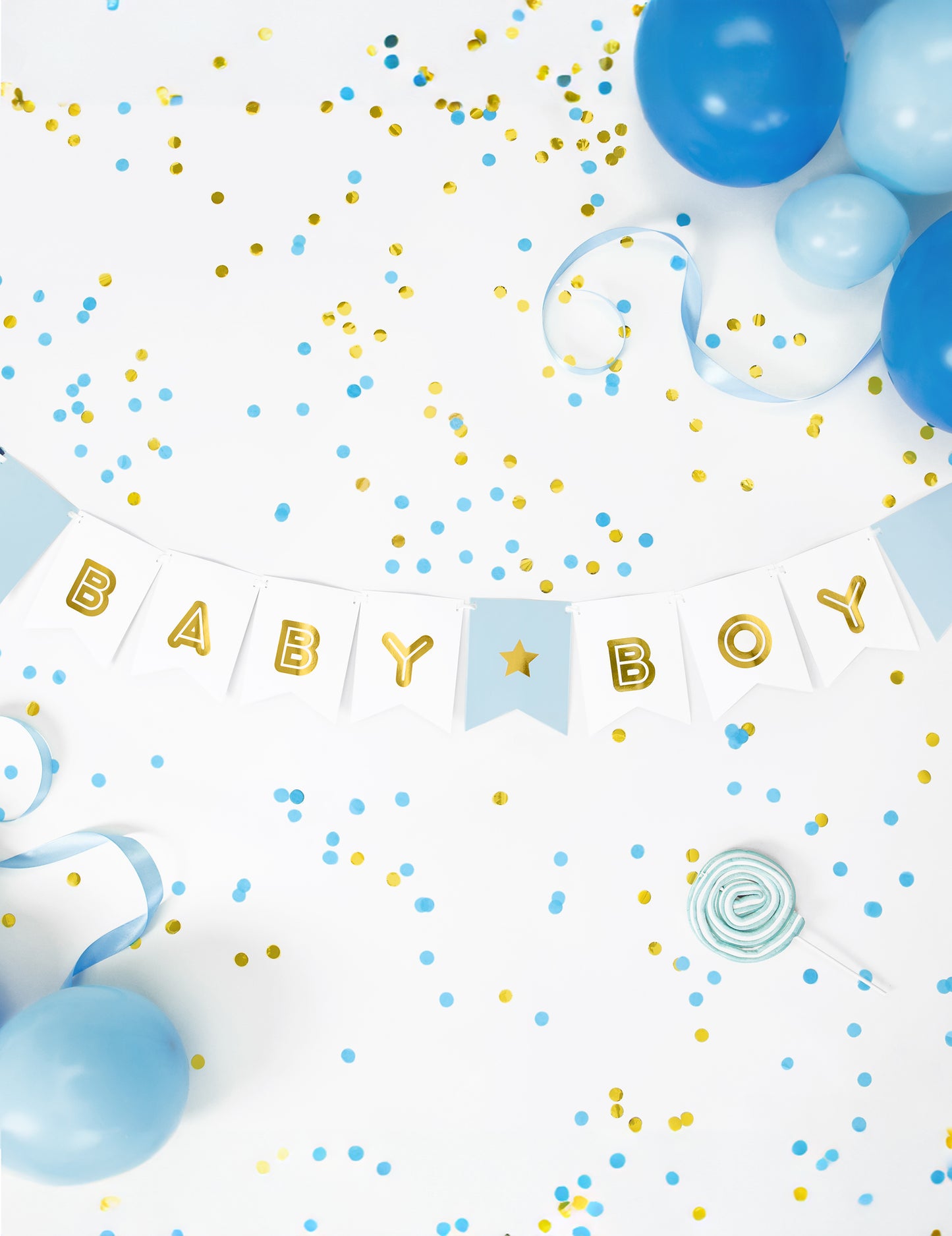 Modrá a metalická chlapecká kartonová girlanda 15 x 160 cm s vlajkami