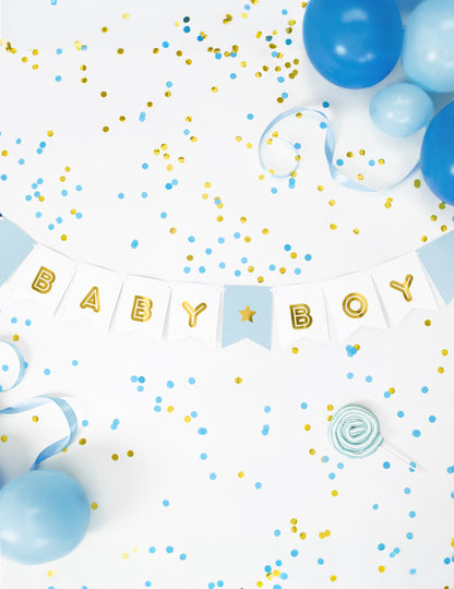 Modrá a metalická chlapecká kartonová girlanda 15 x 160 cm s vlajkami