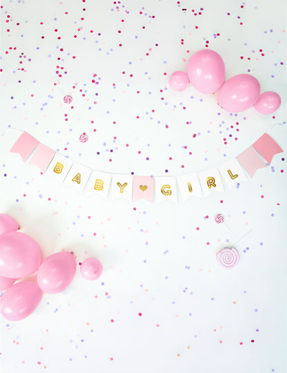 Holčička růžová a metalická kartonová girlanda 15 x 175 cm pro miminko