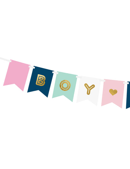Chlapec nebo dívka růžová, modrá a zlatá baby sprchová kartonová girlanda 15 x 175 cm