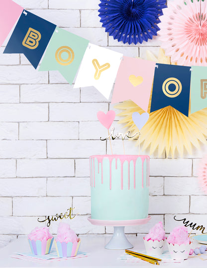 Chlapec nebo dívka růžová, modrá a zlatá baby sprchová kartonová girlanda 15 x 175 cm