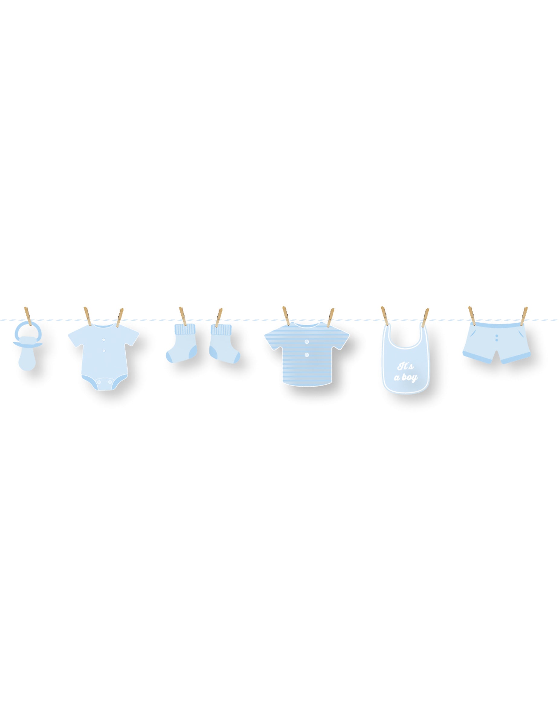 Guirlande en carton diy bébé pour baby shower bleue avec motifs de vêtements de garçon