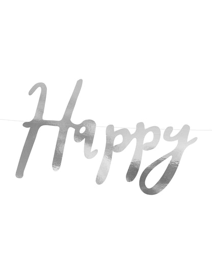 Všechno nejlepší k narozeninám metalická stříbrná kartonová girlanda 16,5 x 62 cm party dekorace