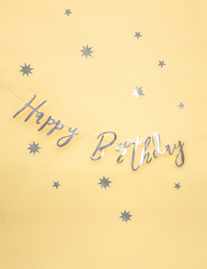 Všechno nejlepší k narozeninám metalická stříbrná kartonová girlanda 16,5 x 62 cm party dekorace