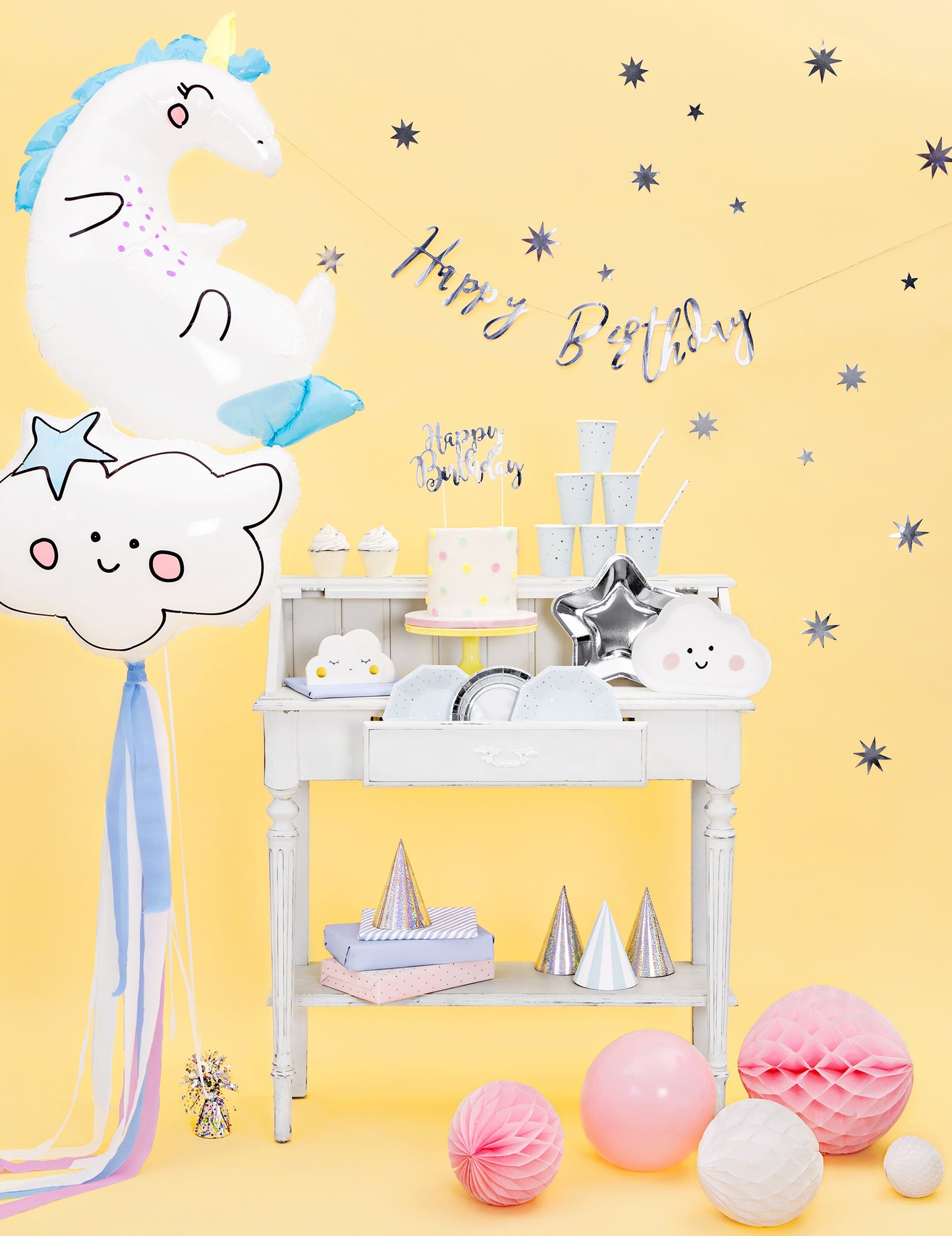 Všechno nejlepší k narozeninám metalická stříbrná kartonová girlanda 16,5 x 62 cm party dekorace