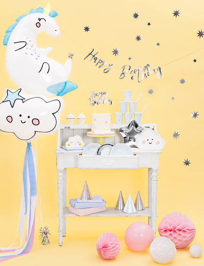 Všechno nejlepší k narozeninám metalická stříbrná kartonová girlanda 16,5 x 62 cm party dekorace