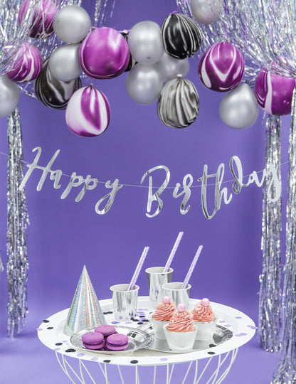 Všechno nejlepší k narozeninám metalická stříbrná kartonová girlanda 16,5 x 62 cm party dekorace