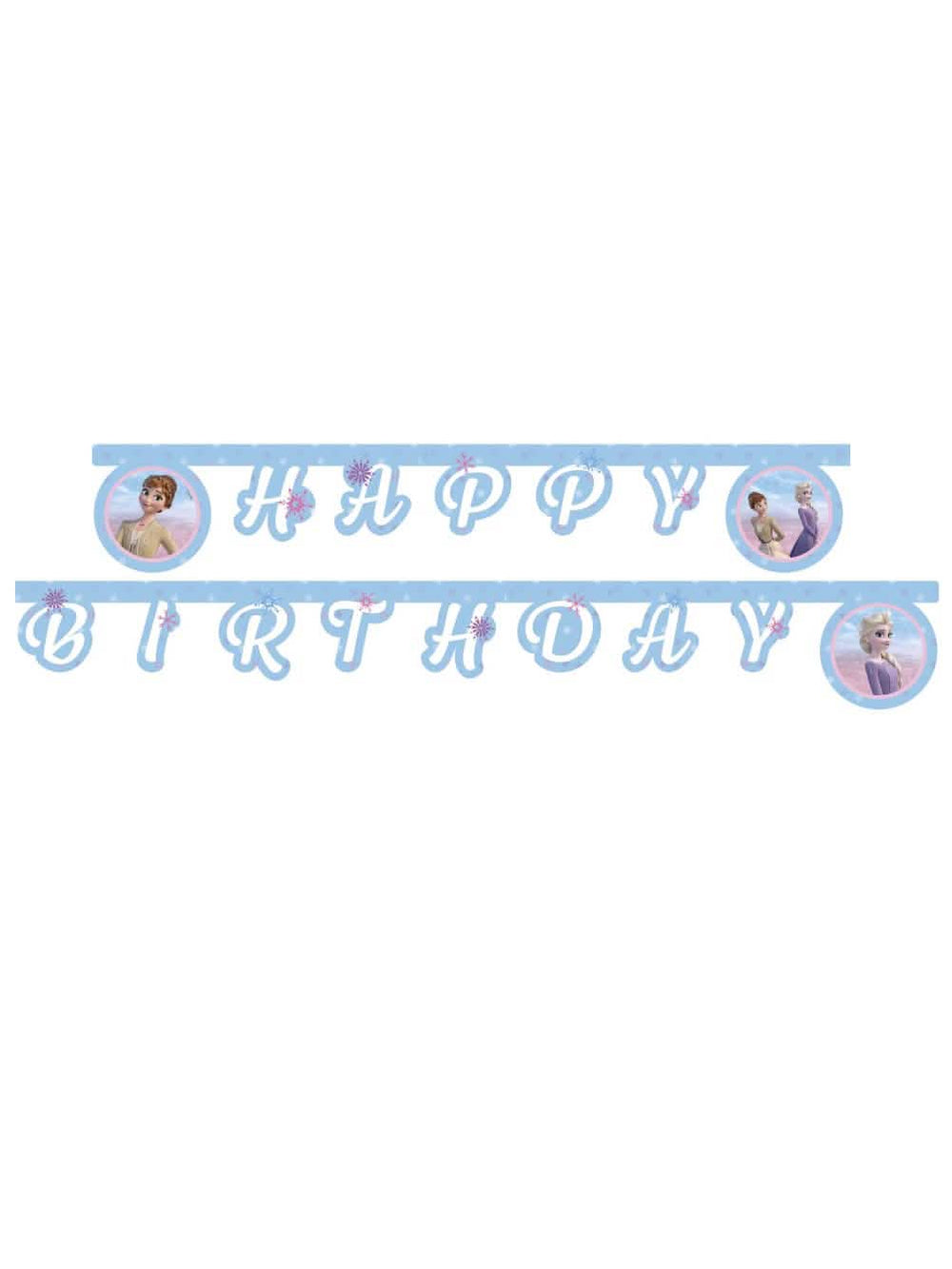 Guirlande en carton Happy Birthday La Reine des Neiges bleu clair avec Anna et Elsa
