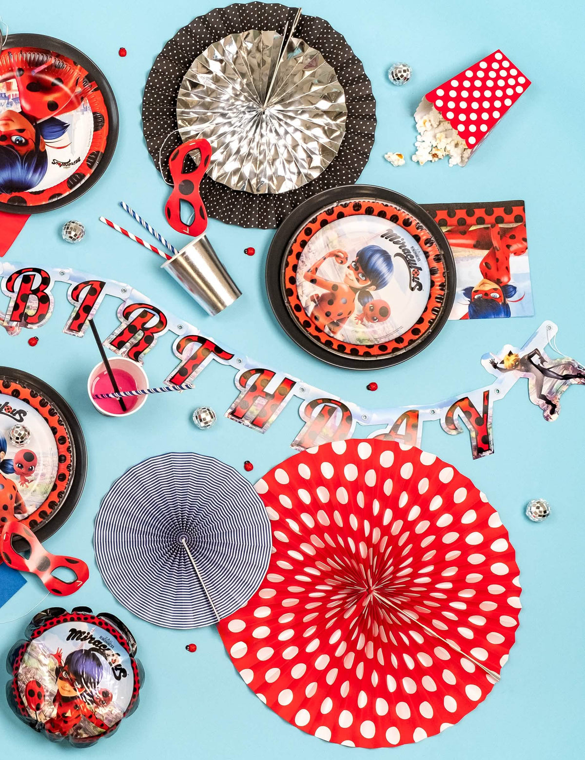 Přehled slavnostní výzdoby z kartonu s girlandou Happy Birthday Ladybug