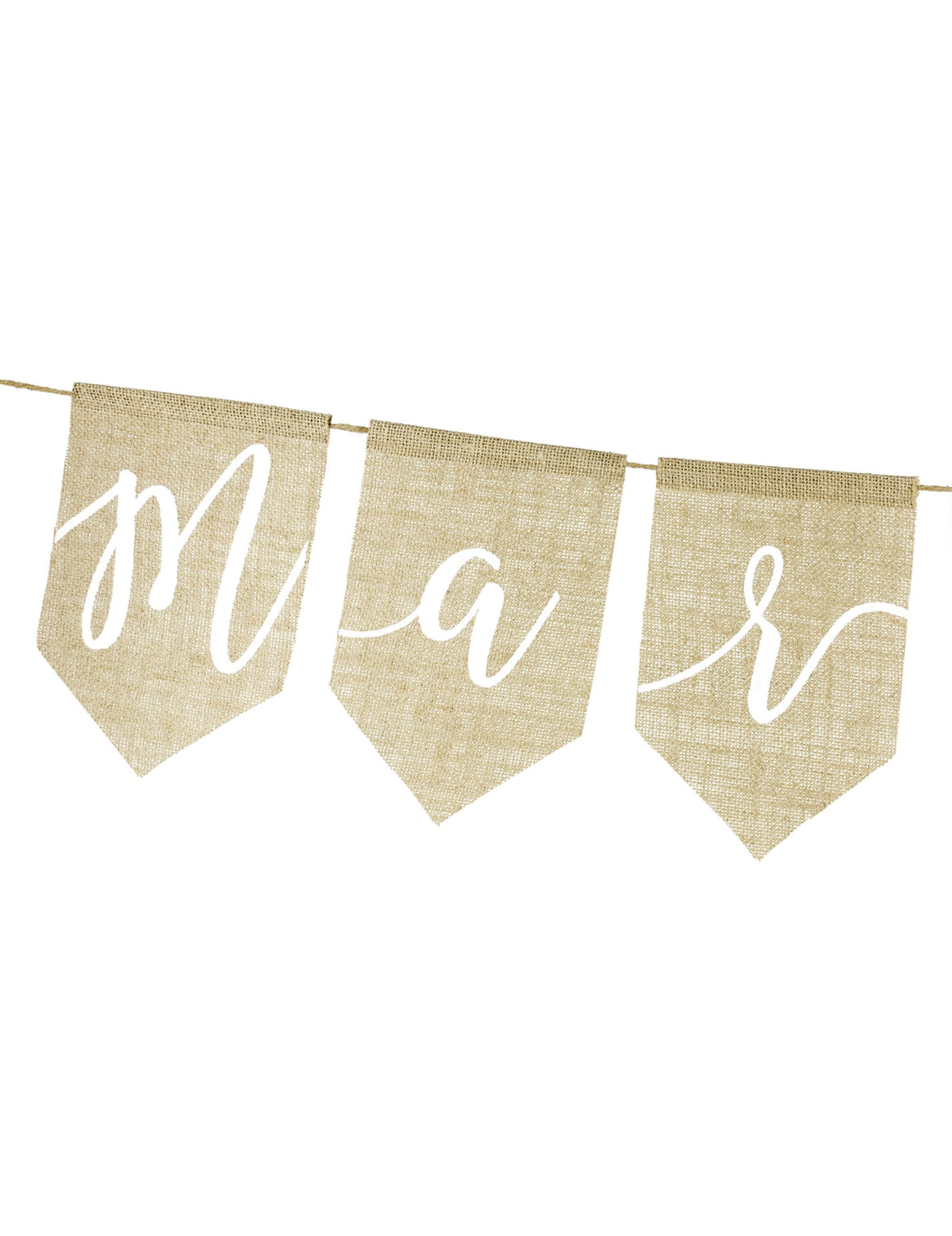 Détail des fanions en jute de la guirlande Just Married pour mariage