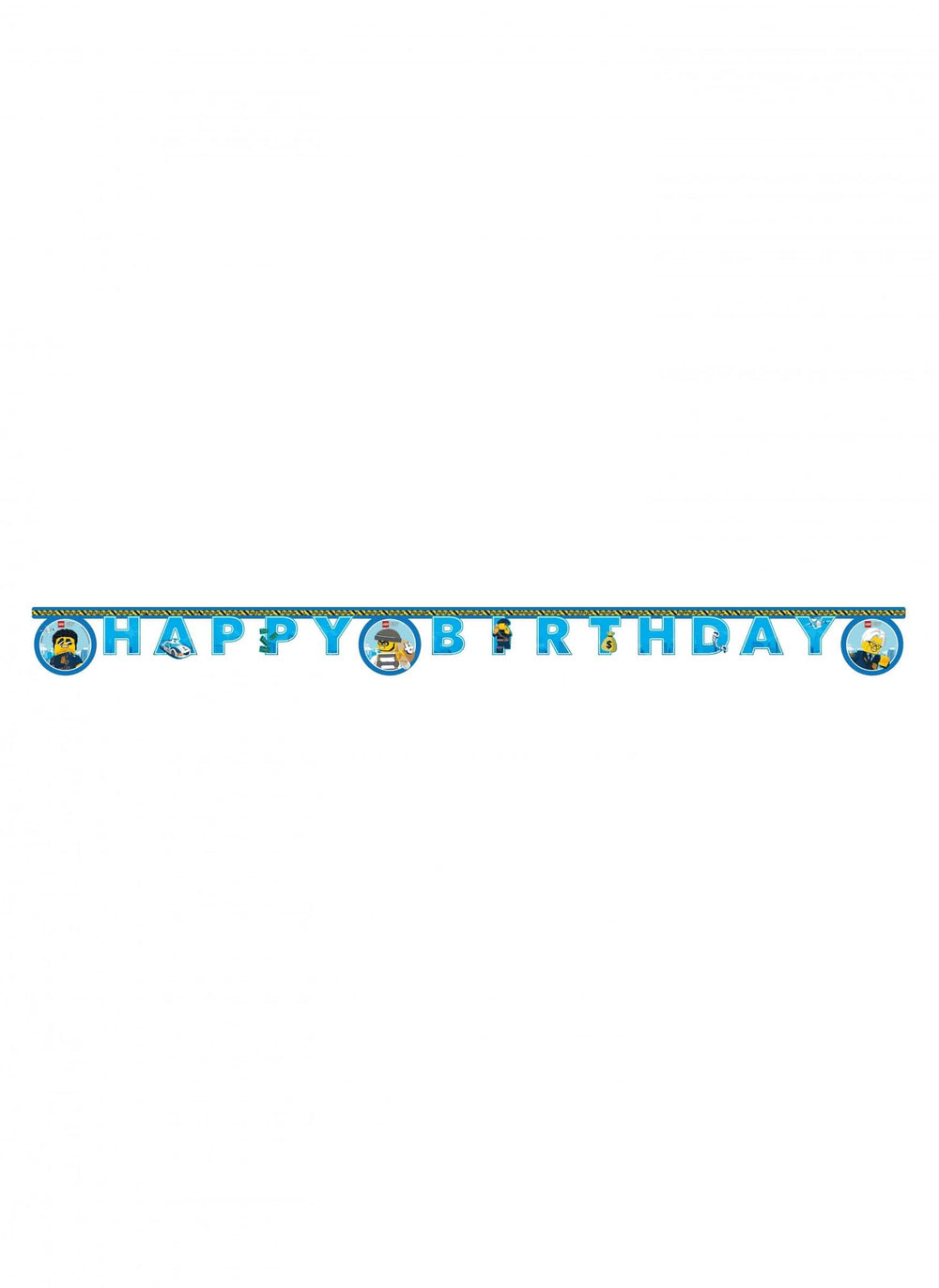 Pohled zepředu na papírovou girlandu Happy Birthday Lego City