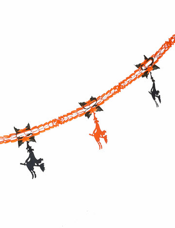 Oranžová a černá papírová girlanda s halloweenskou čarodějnicí 240 cm